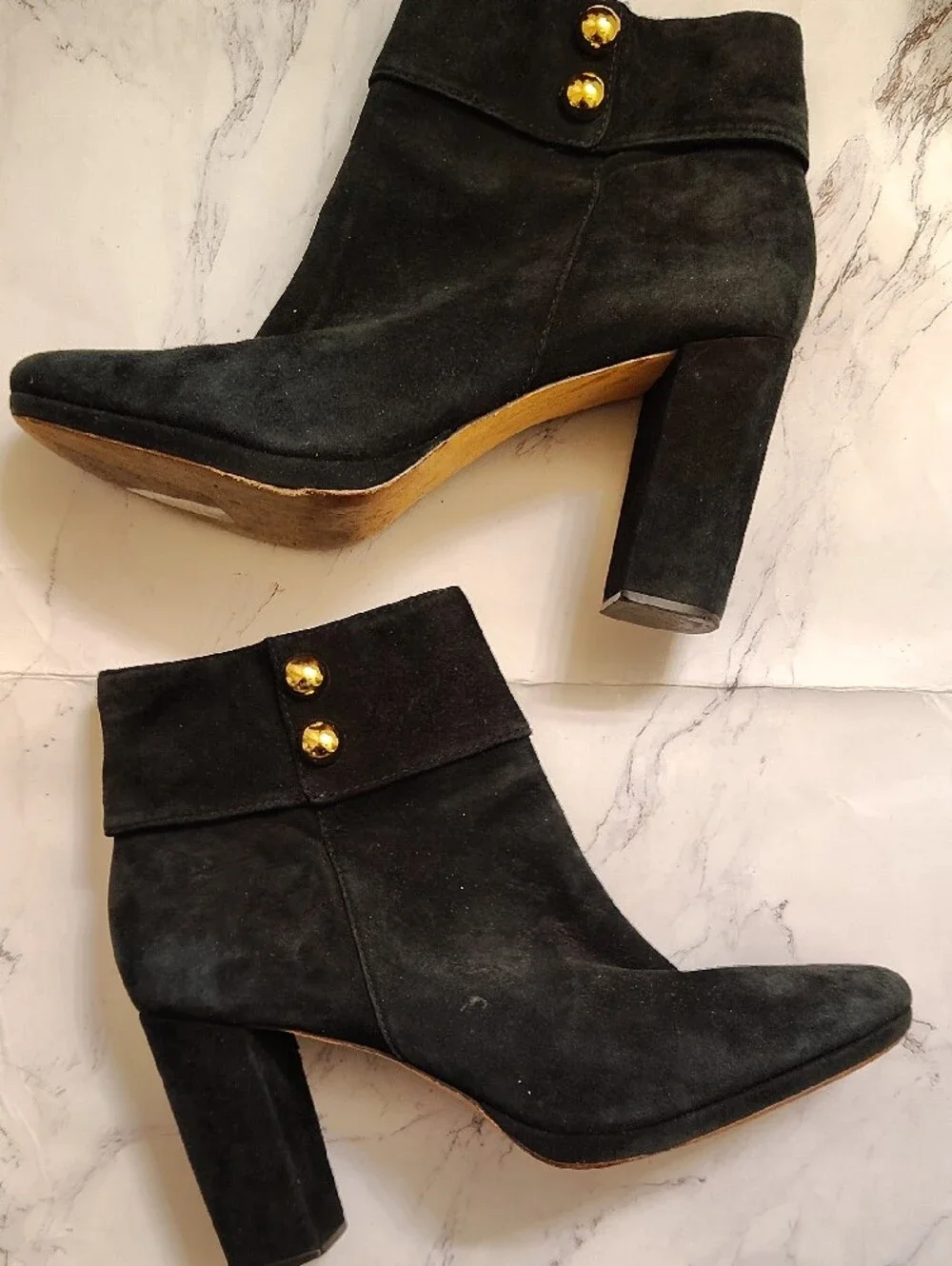 kate spade Black Suede Ankle Booties with Gold Zip & Button Accents